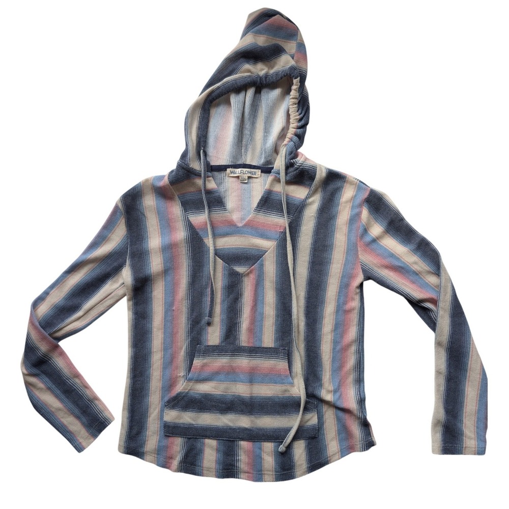 Wallflower Womens Hoodie Blue Pink Knit Pullover Small Boho Beach Baja